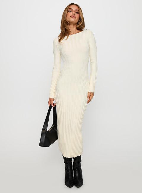 Ryo Long Sleeve Rib Maxi Dress Cream Product Image