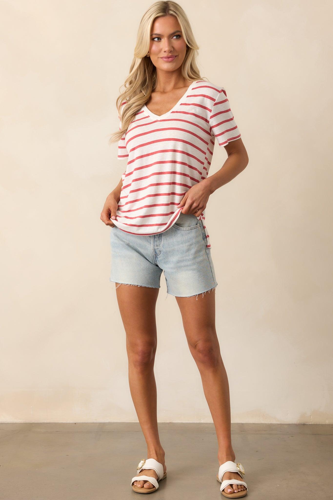 Comfort Zone Red Stripe Short Sleeve V-Neck Tee Product Image