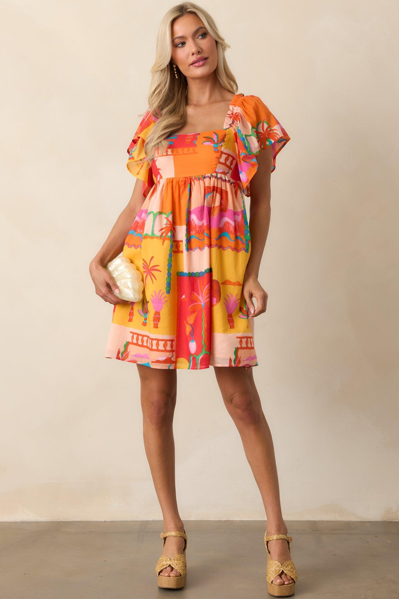 By The Shore Orange Tropical Print Cotton Mini Dress Product Image