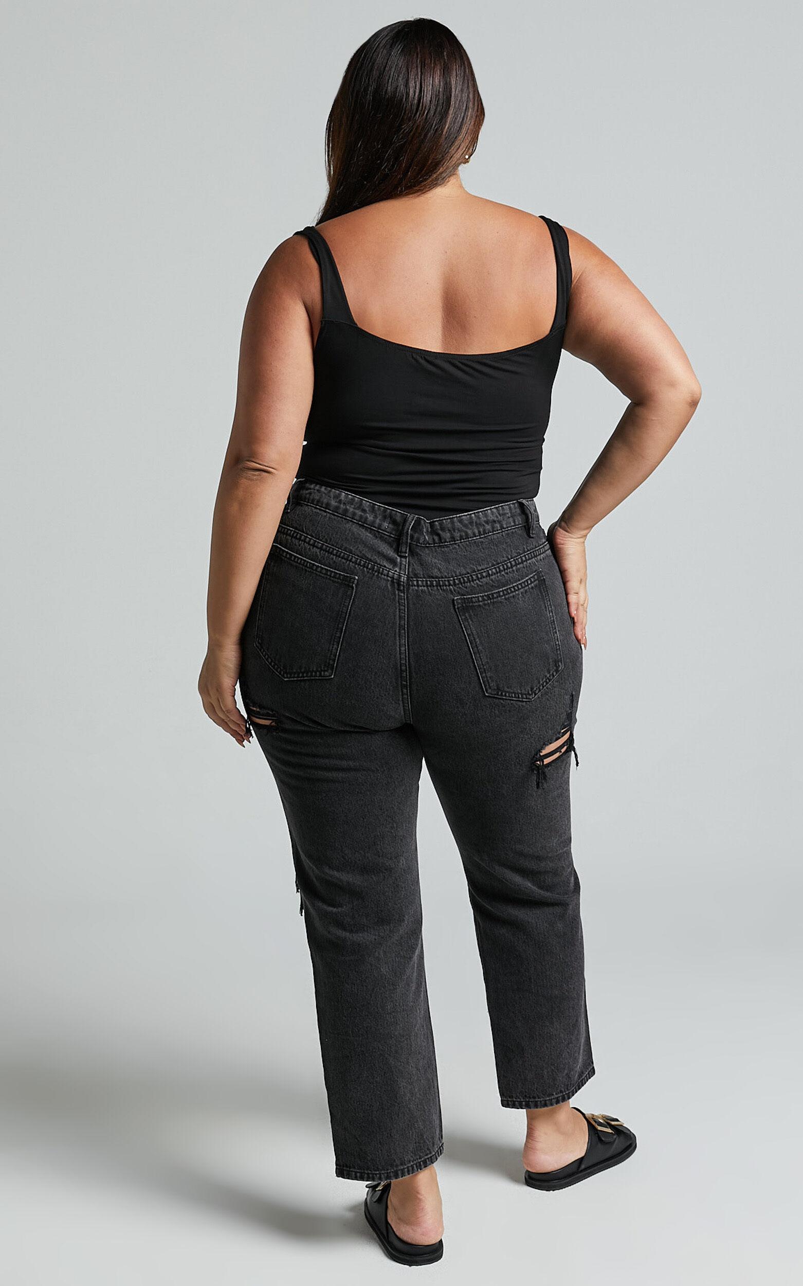 Billie Jeans - High Waisted Cotton Distressed Mom Denim Jeans in Black Wash Product Image