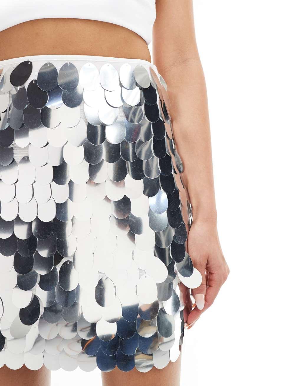 ASOS DESIGN large sequin disc mini skirt in silver Product Image