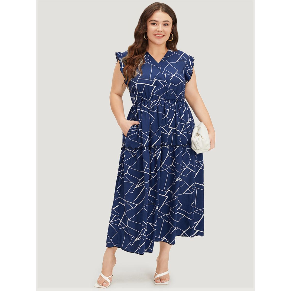 Plus Size Geometric Print Ruffle Cap Sleeve Wrap Layered Hem Dress Indigo Women Office Printed V-neck Cap Sleeve Curvy Long Dress BloomChic 30/6X Product Image
