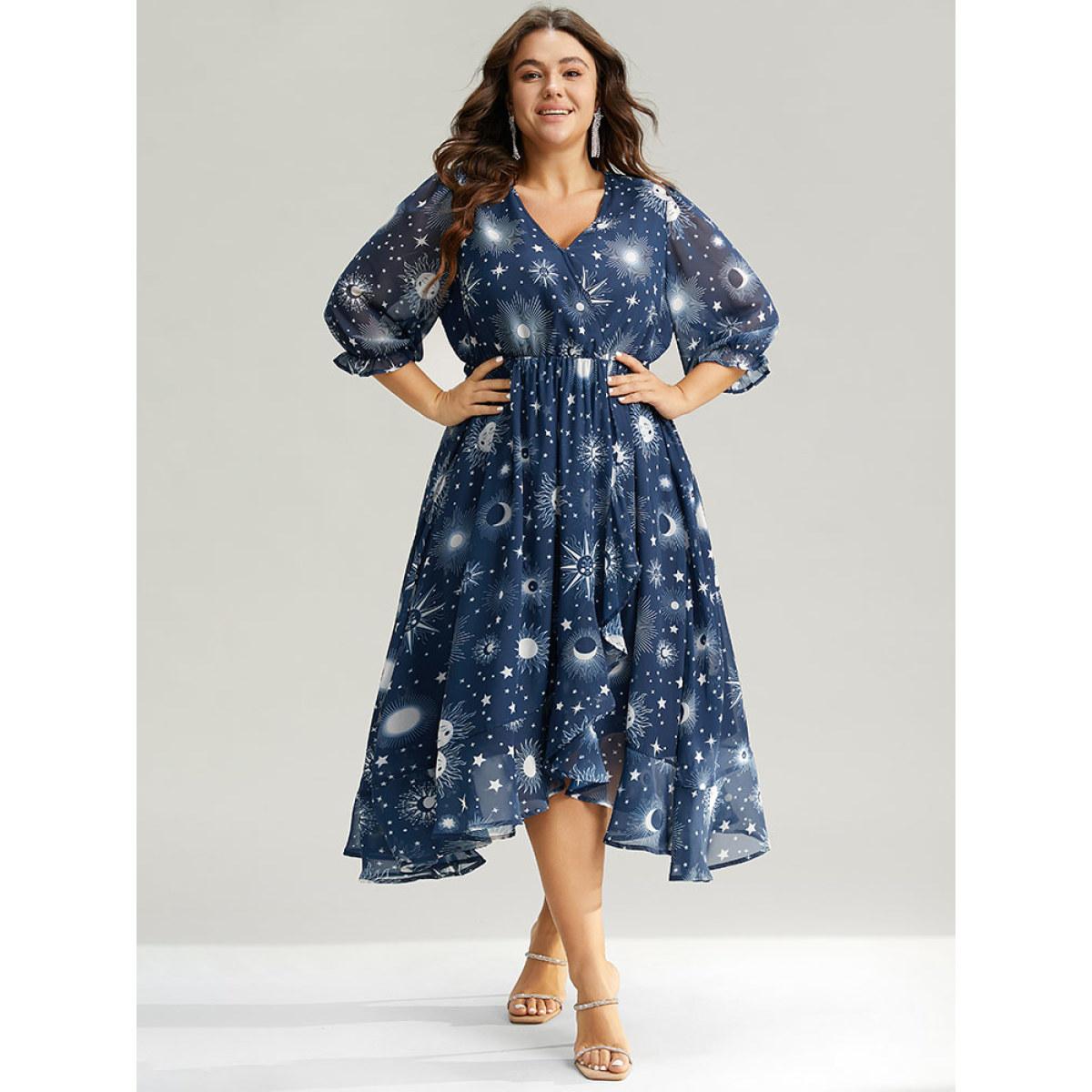 Plus Size Christmas Moon & Star Ruffles Mesh Wrap Dress Cyan Women Party Wrap Overlap Collar Elbow-length sleeve Curvy Midi Dress BloomChic 14-16/1X Product Image