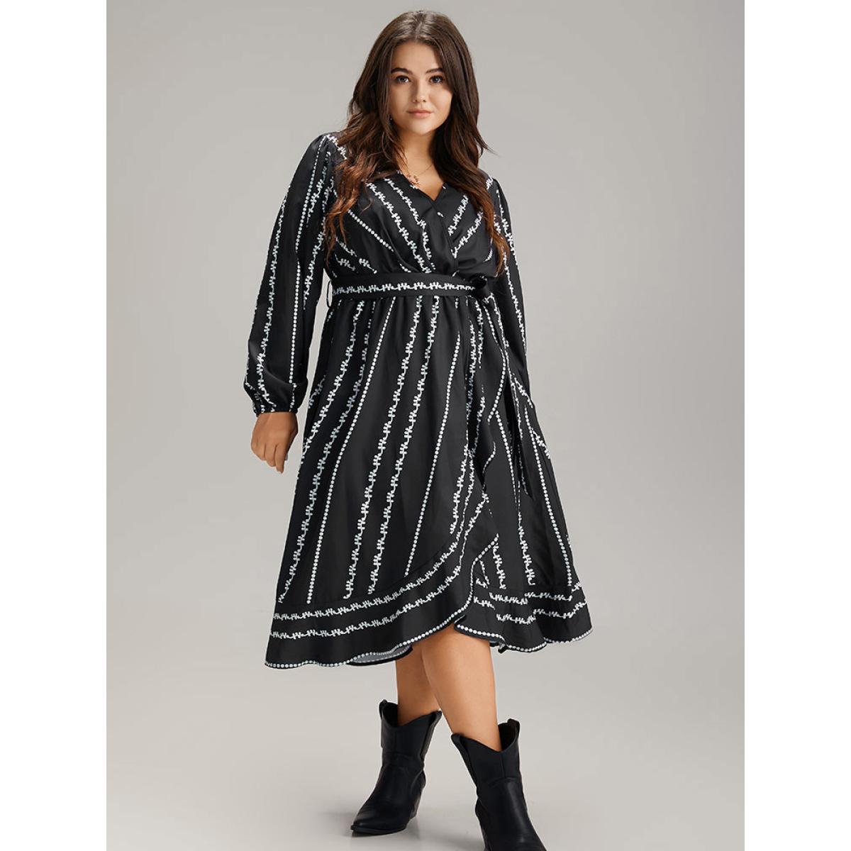 Plus Size Boho Print Striped Belted Wrap Pocket Dress Black Women Vacation Belted V-neck Long Sleeve Curvy Midi Dress BloomChic 26/4X Product Image