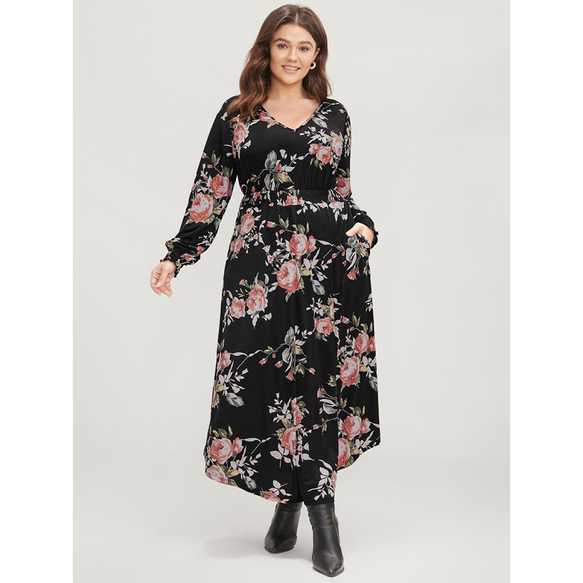 Plus Size Floral Print V Neck Pocket Shirred Arc Hem Dress Black Women Elegant Arc Hem V-neck Long Sleeve Curvy Long Dress BloomChic 12/L Product Image