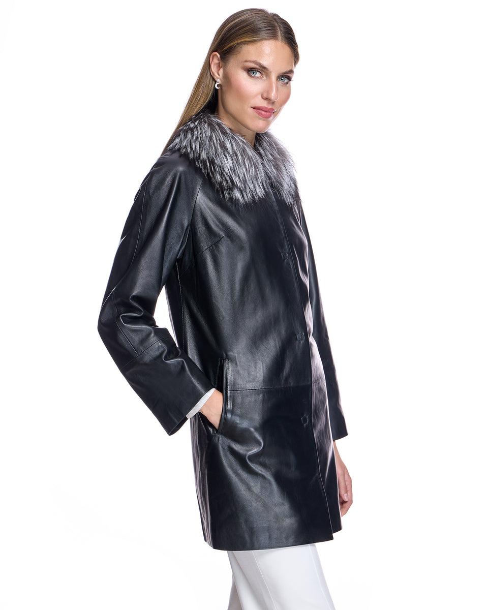 Leather Coat with Silver Fox Collar Product Image