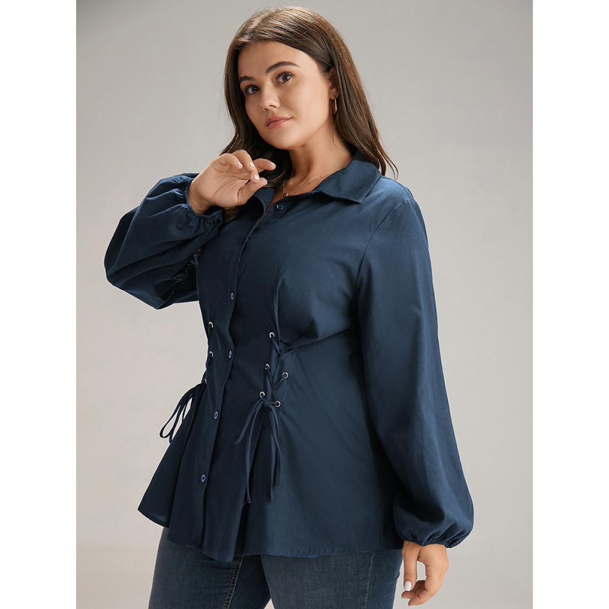 Plus Size Black Cotton Shirt Collar Lace Up Blouse Women Office Long Sleeve Shirt collar Work Blouses BloomChic 28/5X Product Image