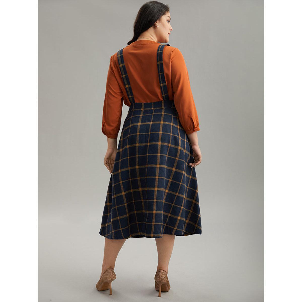 Plus Size Plaid Button Detail Pocket Suspender Skirt Women Indigo Casual Button No stretch Pocket Everyday Skirts BloomChic 10/M Product Image