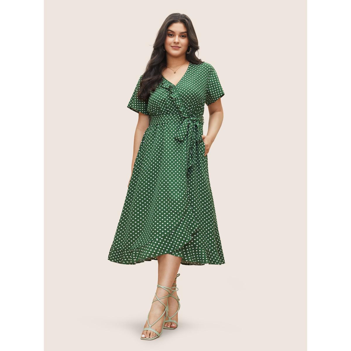 Plus Size Polka Dot Flutter Trim Belted Overlap Collar Dress Green Women Elegant Non Overlap Collar Short sleeve Curvy Midi Dress BloomChic 18-20/2X Product Image