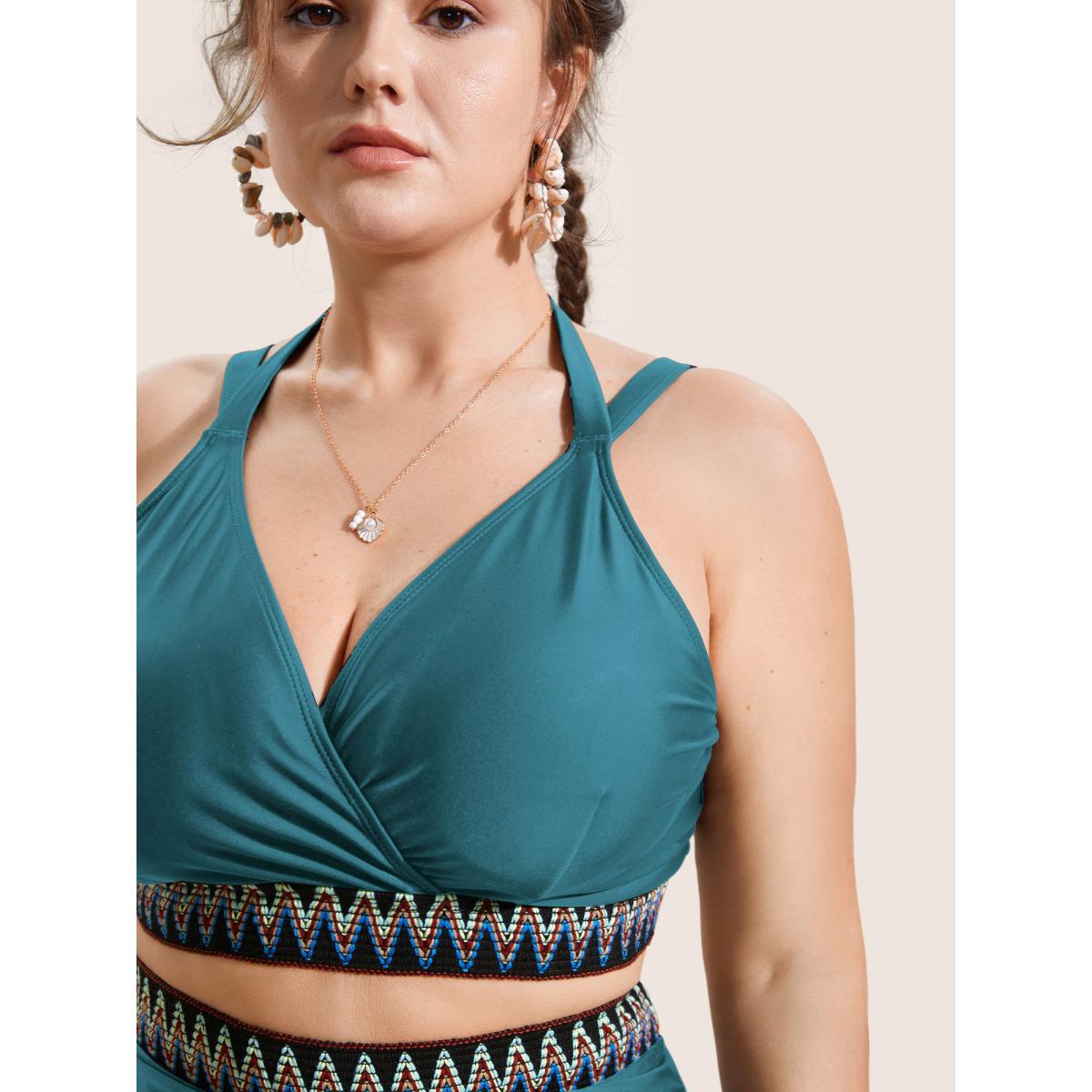Plus Size Embroidered Wrap Tie Knot Swim Top Women's Swimwear Teal Beach Woven ribbon&lace trim High stretch Skinny Overlap Collar Curve Swim Tops BloomChic 28/5X Product Image