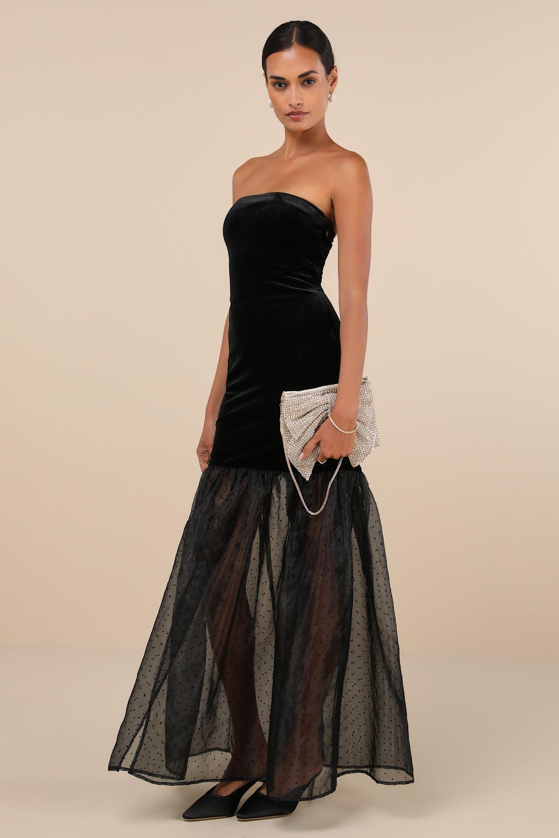 Esteemed Glamour Black Velvet Strapless Trumpet Hem Maxi Dress Product Image