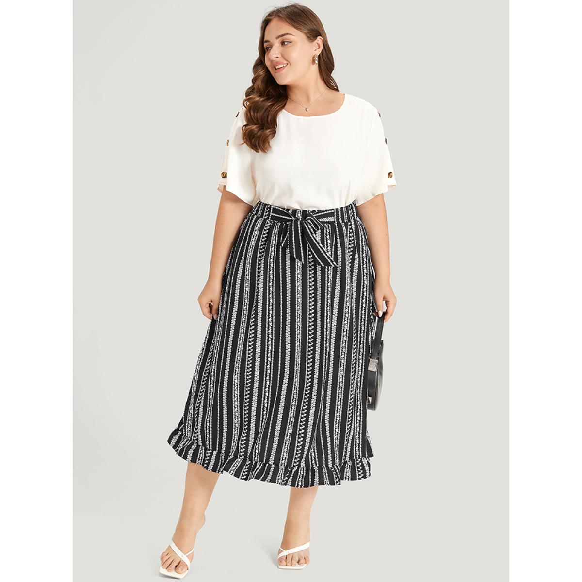 Plus Size Striped Bowknot Pocket Ruffle Trim Skirt Women Black Office Cross straps No stretch Pocket Work Skirts BloomChic 30/6X Product Image