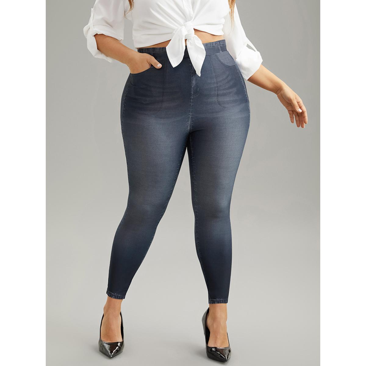 Plus Size Denim Effect Print Pocket High Rise Leggings Women Indigo Casual High stretch Skinny High Rise Dailywear Leggings BloomChic 10/M Product Image