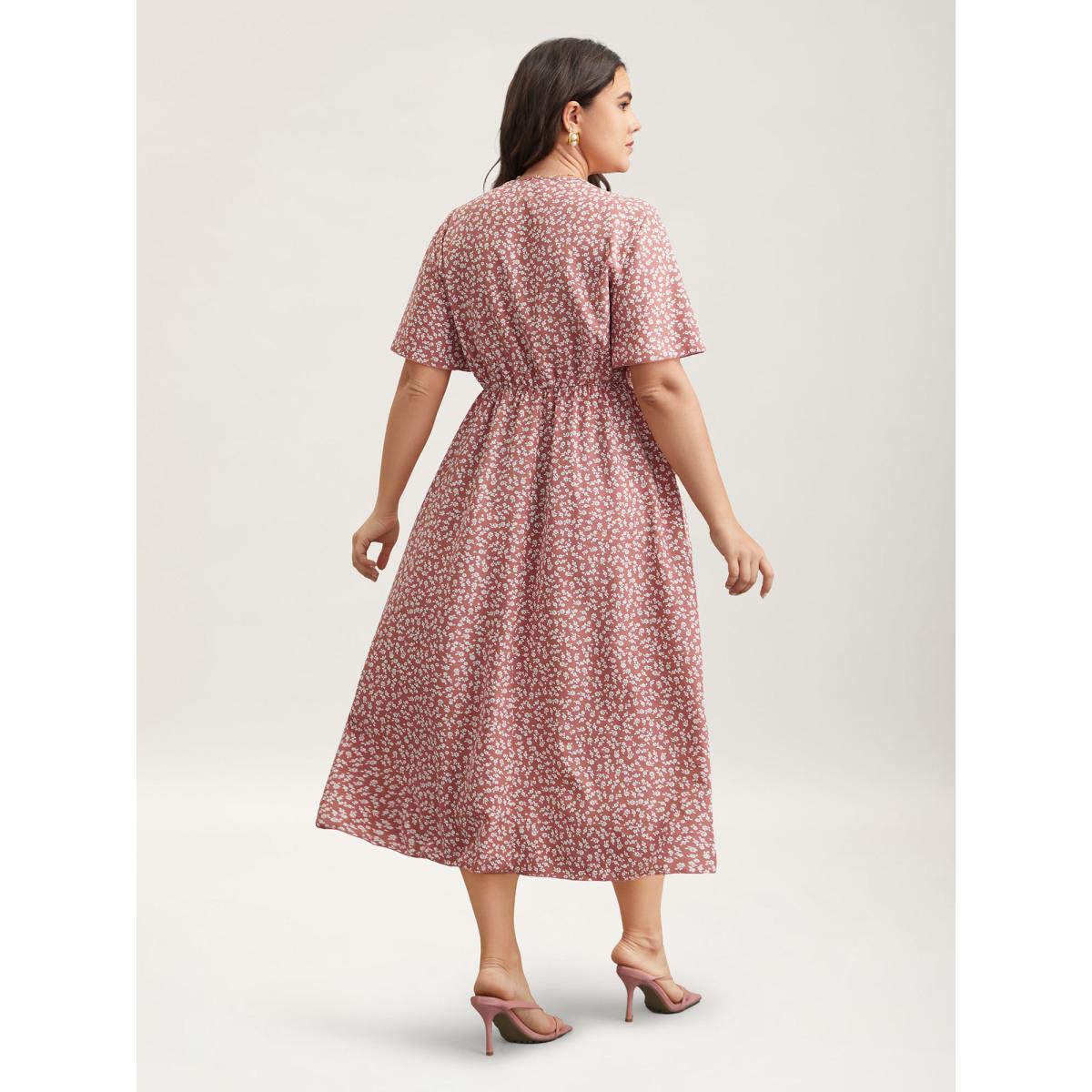 Plus Size Ditsy Floral Print Stretchy-Waist Ruffle Midi Dress DustyPink Women Elegant Overlapping Overlap Collar Short sleeve Curvy BloomChic 26/4X Product Image