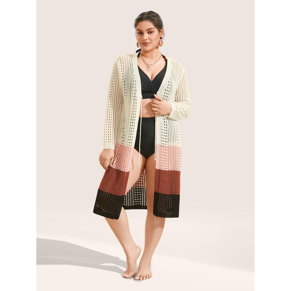 Plus Size Colorblock Contrast Tie Knot Cut Out Swim Cover Up Women's Swimwear Ivory Beach Tie knot Curve Swim Cover Ups BloomChic 12/L Product Image