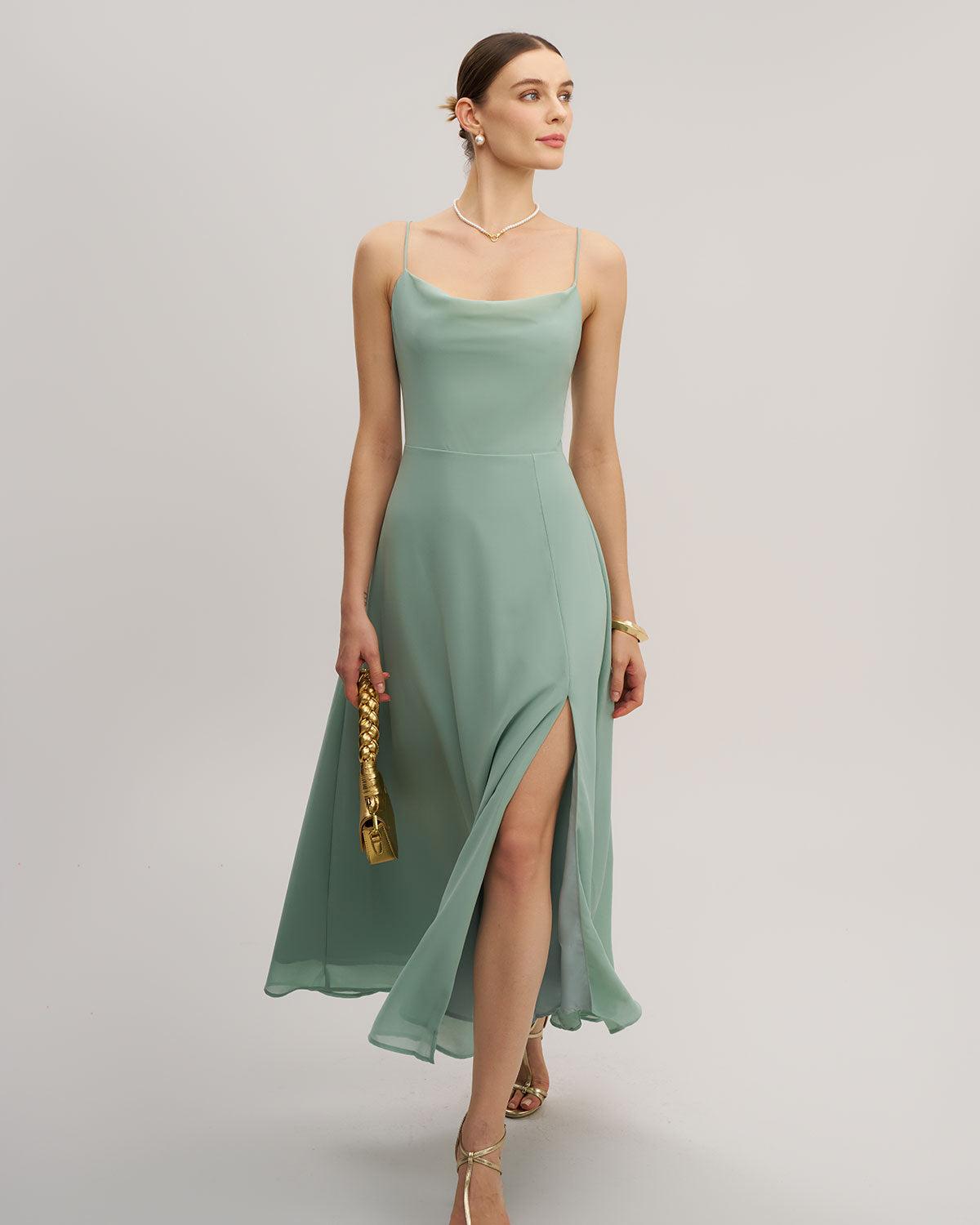 Green A-Line Backless Slip Maxi Dress Product Image