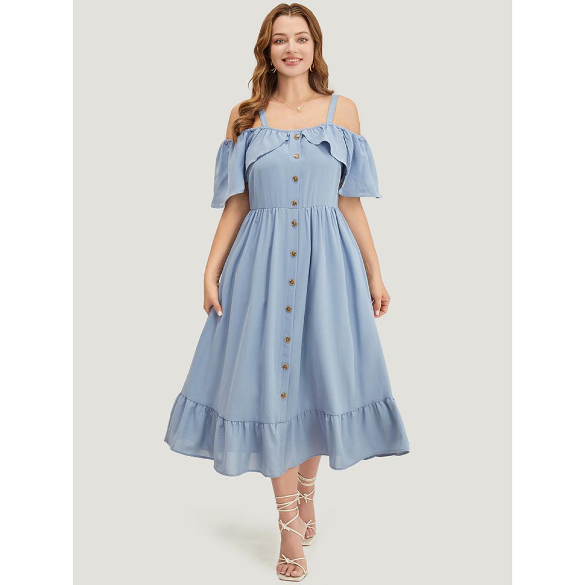Plus Size Plain Ruffle Trim Pocket Cold Shoulder Button Detail Dress Stone Women Vacation Adjustable Straps One-shoulder neck Short sleeve Curvy Midi Dress BloomChic 12/L Product Image