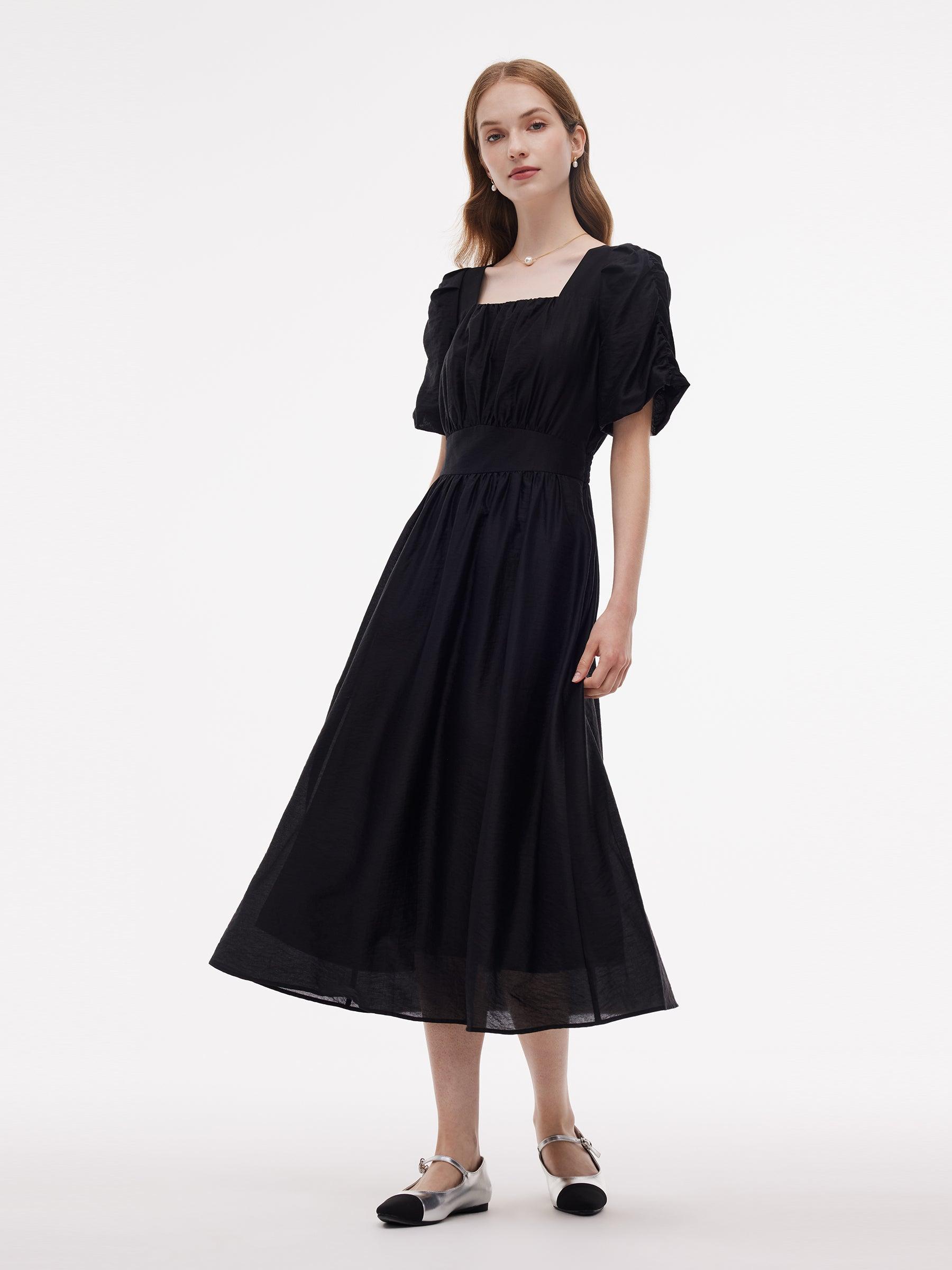 Tencel Blend Square Neck Women Puff Sleeve Maxi Dress Product Image