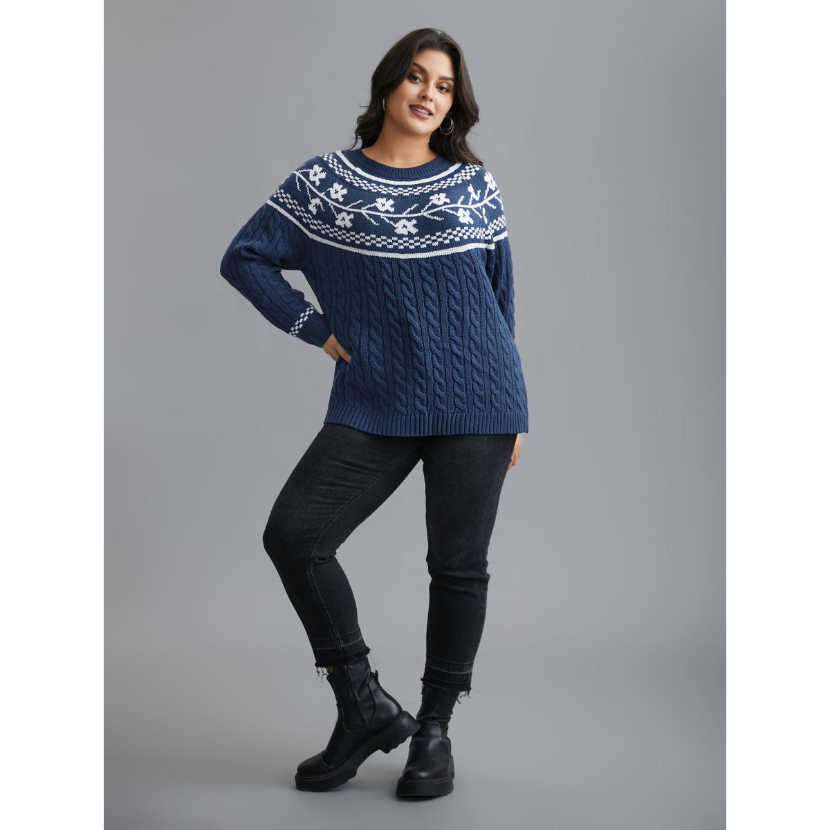 Plus Size Floral Cable Knit Raglan Sleeve Pullover Navy Women Casual Loose Long Sleeve Round Neck Everyday Pullovers BloomChic 12/L Product Image