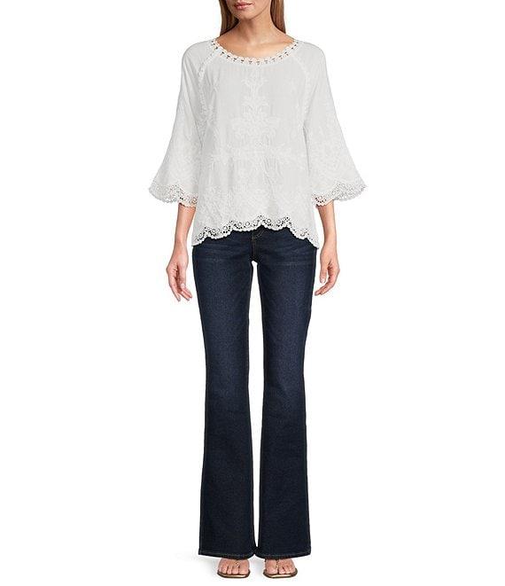 Leo & Nicole Woven Embroidered Scalloped Lace Trim Scoop Neck 3/4 Sleeve Top Product Image