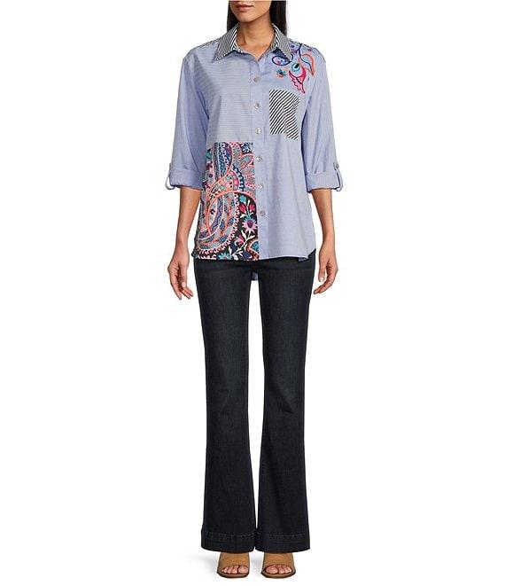 John Mark Embroidered Stripe Point Collar Long Roll-Tab Sleeve Button-Front Tunic Product Image