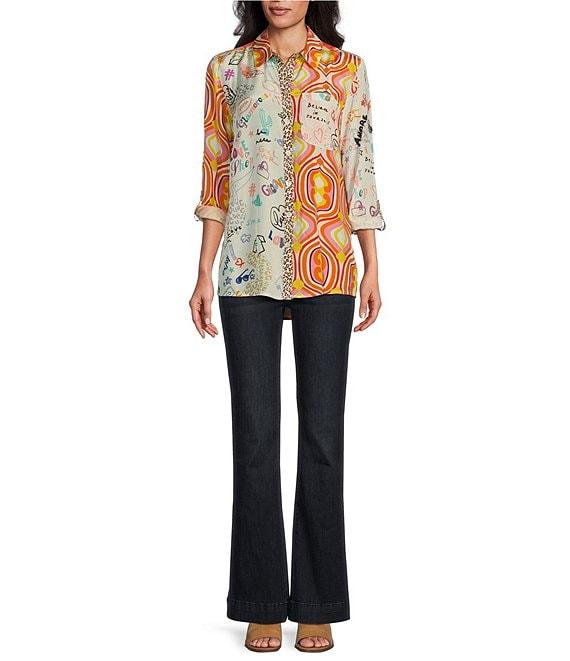 John Mark Woven Novelty Mix Print Point Collar Long Roll-Tab Sleeve Button-Front Tunic Product Image
