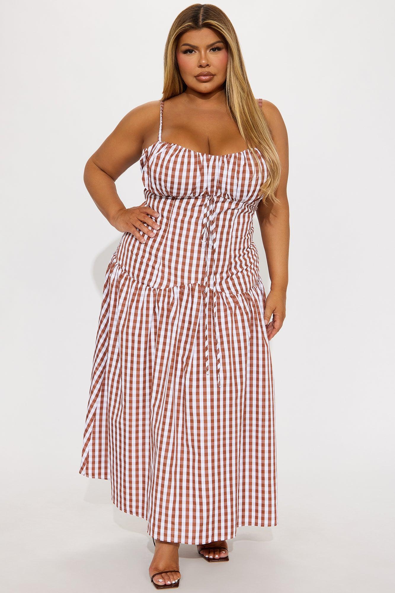 Jillian Drop Waist Gingham Midi Dress - Brown/combo Product Image