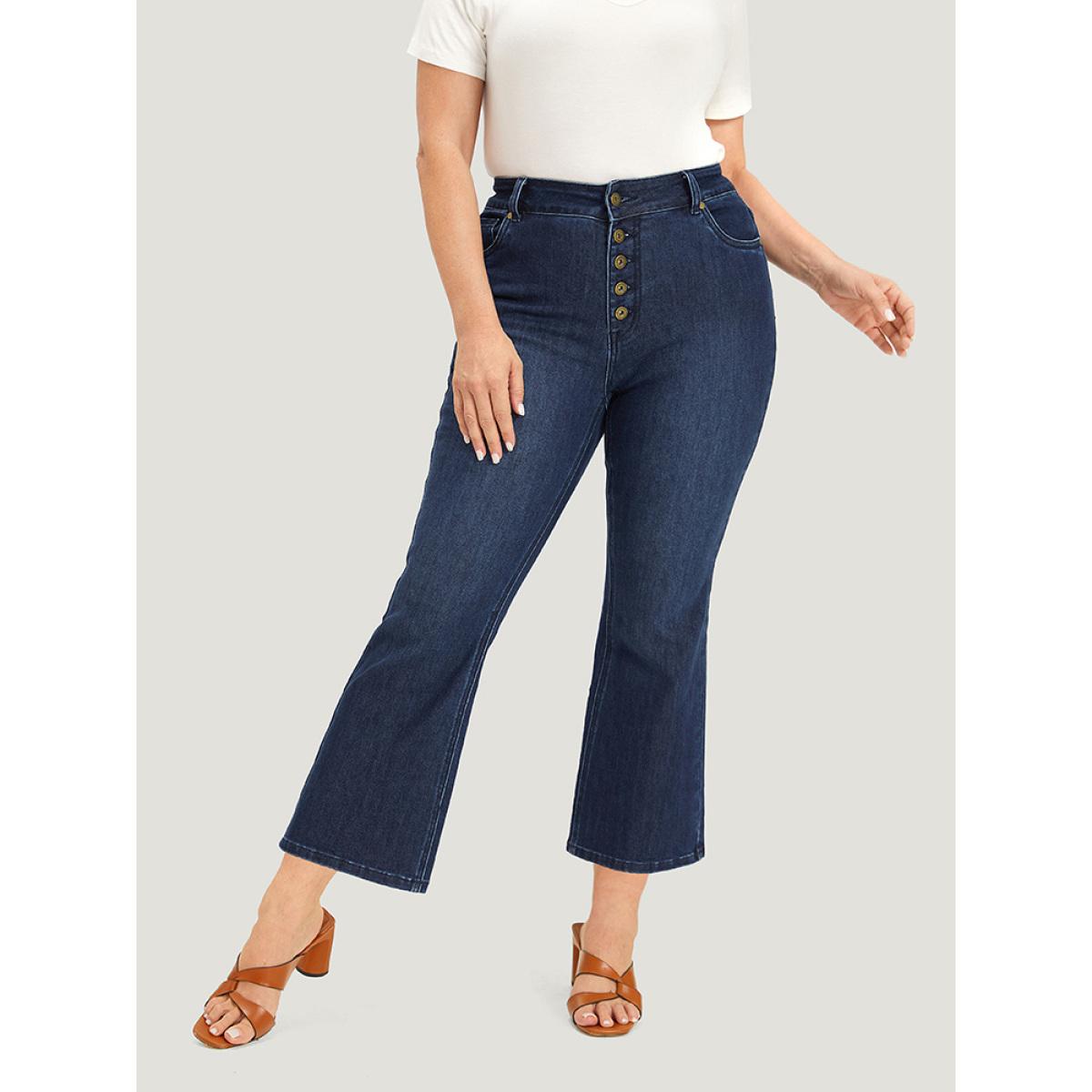 Plus Size Plain Button Fly High Rise Bootcut Jeans Women DarkBlue Casual Plain Plain Medium stretch Pocket Jeans BloomChic 14/1X Product Image