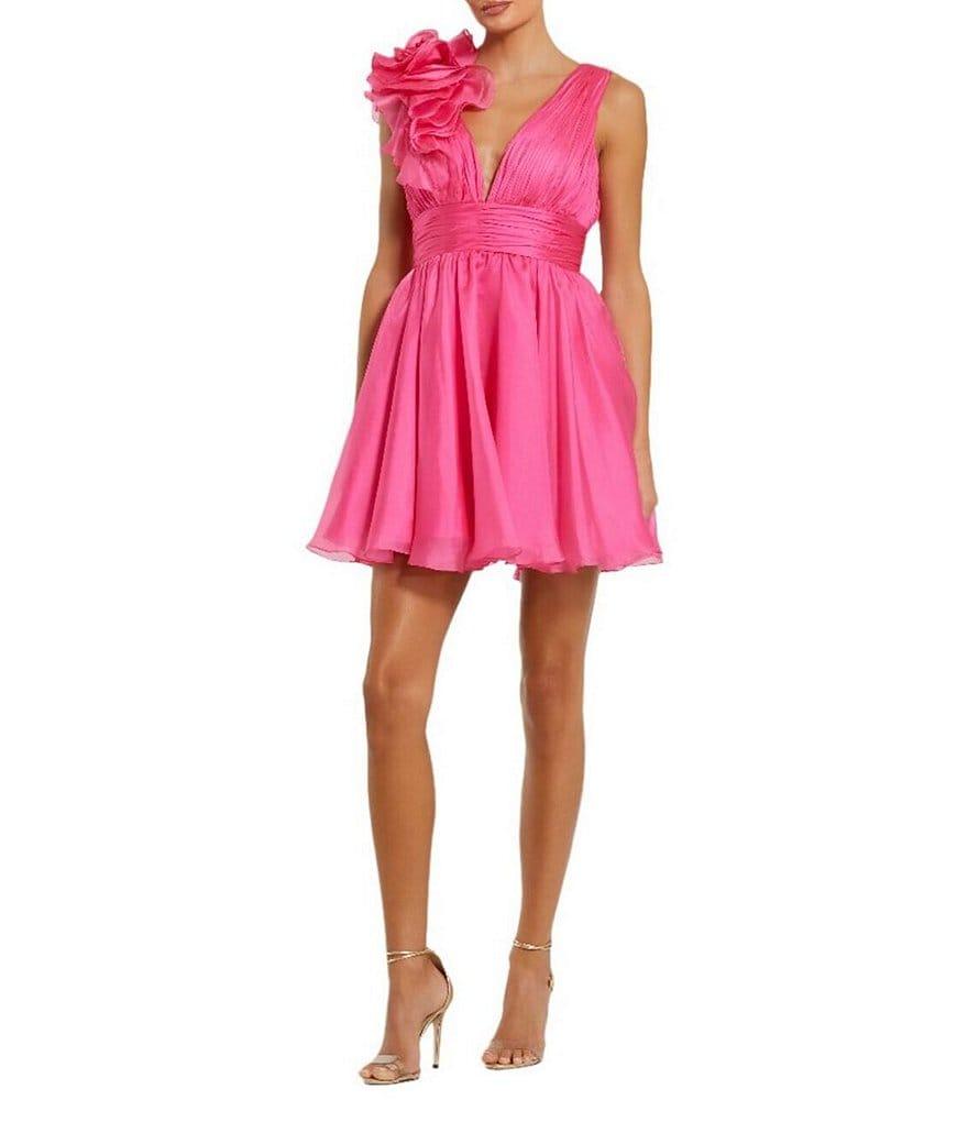 Ieena for Mac Duggal Ruffle Shoulder Sleeveless V-Neck Fit and Flare Dress Product Image