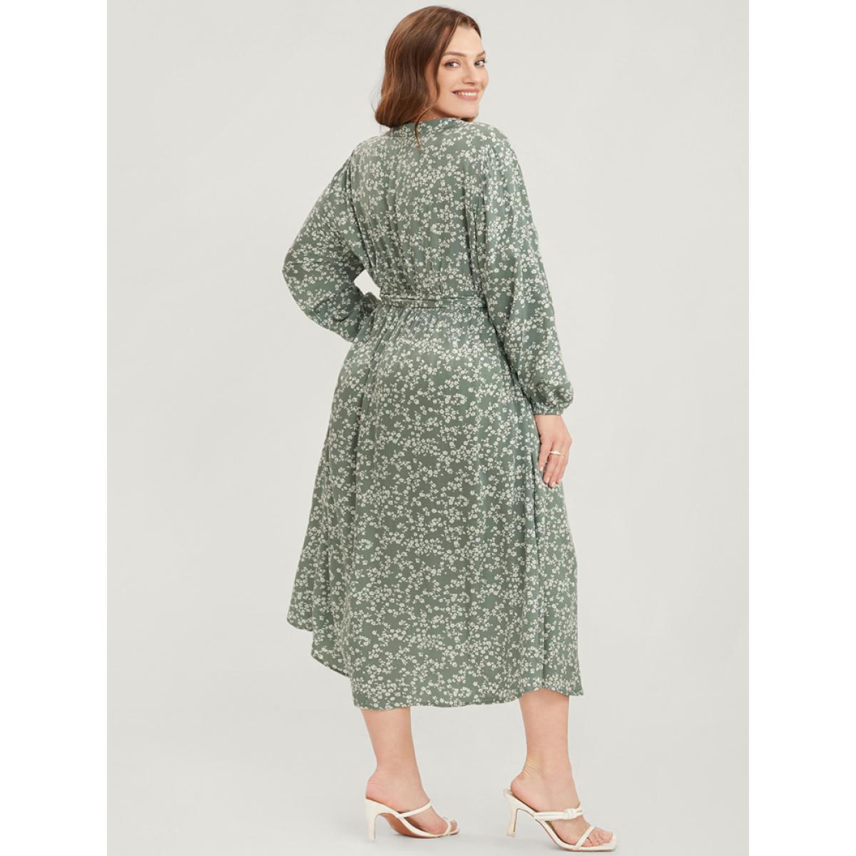 Plus Size Ditsy Floral Lantern Sleeve Pocket Button Through Belted Midi Dress Sage Women Elegant Button V-neck Long Sleeve Curvy Midi Dress BloomChic 12/L Product Image