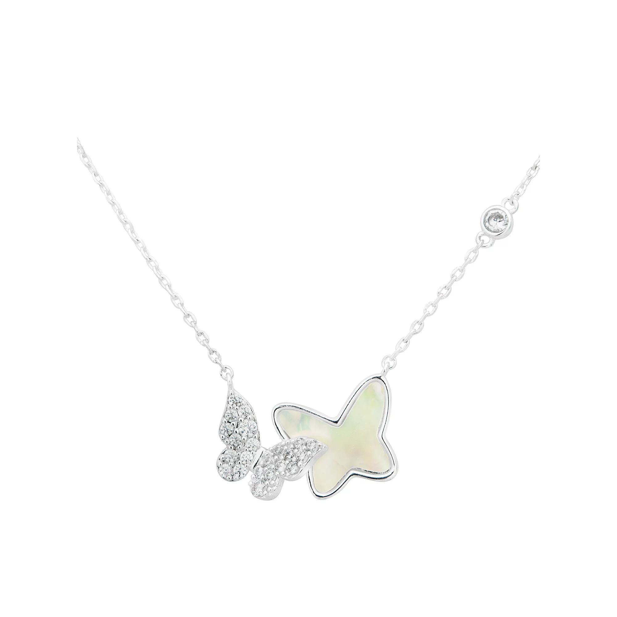 City Luxe Silver Tone Genuine Mother of Pearl & Cubic Zirconia Butterfly Pendant Necklace, Women's, Silver Tone Mop Product Image