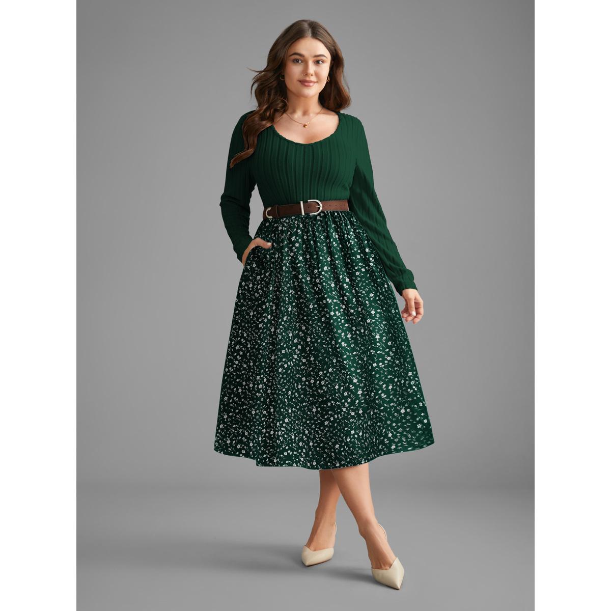 Plus Size Ditsy Floral Patchwork Texture Midi Dress Indigo Women Elegant Texture V-neck Long Sleeve Curvy BloomChic 22-24/3X Product Image