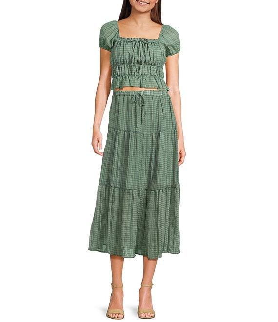 Evolutionary Textured Plaid Short Puff Sleeve Coordinating Top Product Image