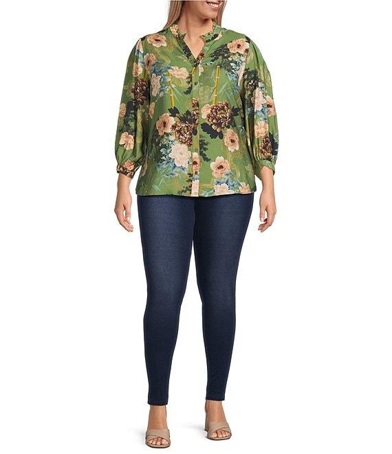 Calessa Plus Size Floral Split V-Neck 3/4 Sleeve Button Front Tunic Product Image