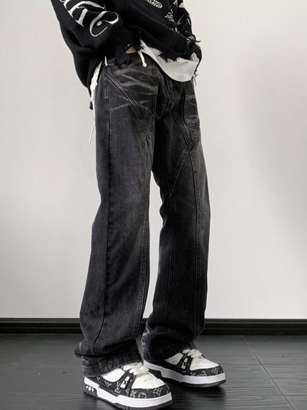 Men's Vintage Wash Splice Loose Jeans Product Image