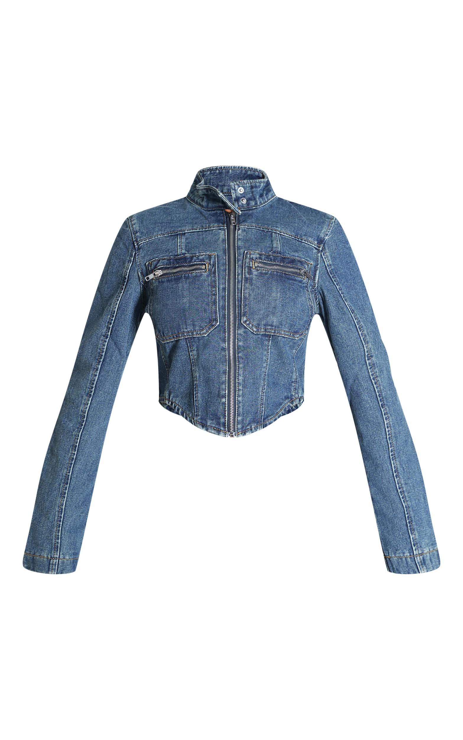 Indigo Vintage Wash Biker Detail Curved Hem Denim Jacket Product Image