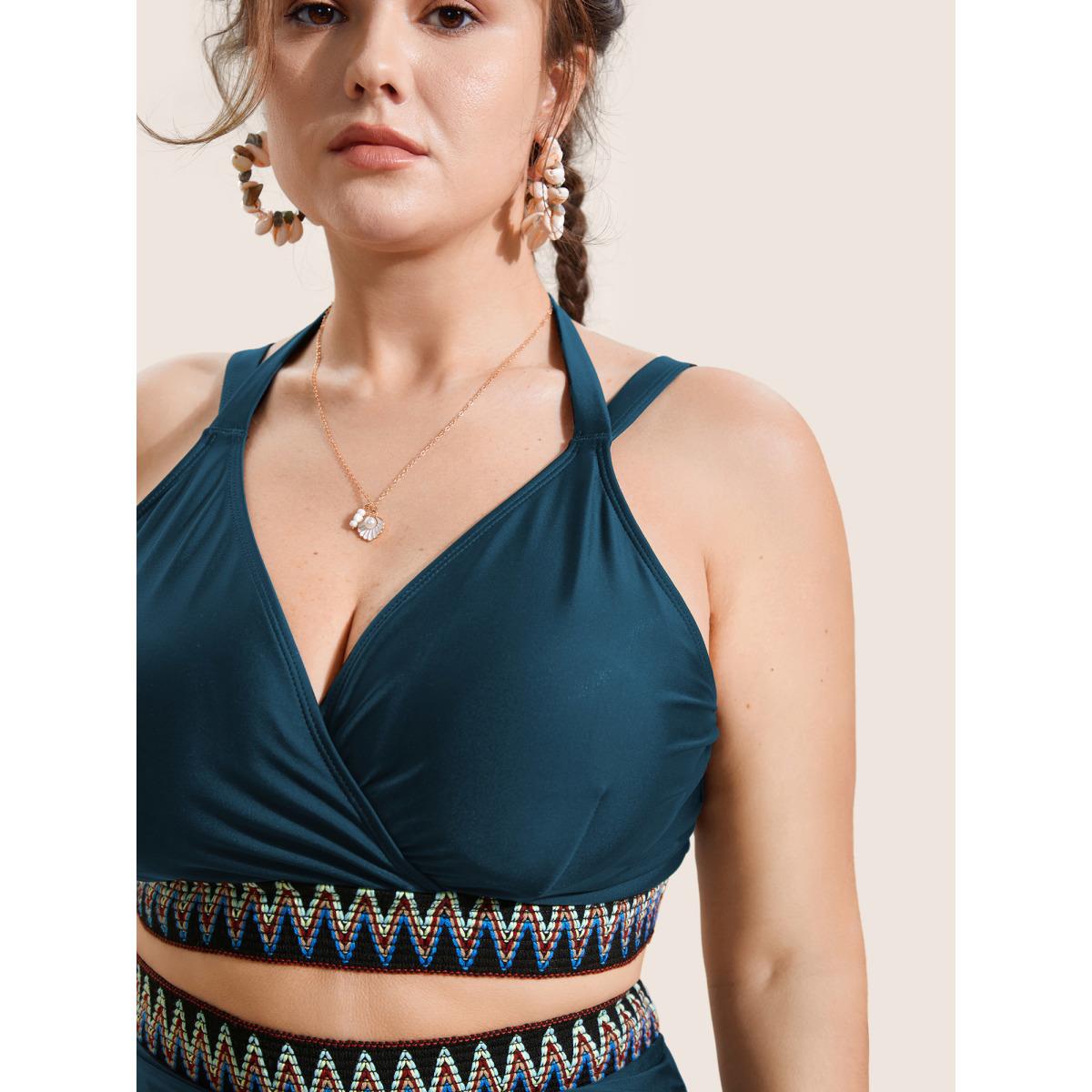 Plus Size Embroidered Wrap Tie Knot Swim Top Women's Swimwear Cyan Beach Woven ribbon&lace trim High stretch Skinny Overlap Collar Curve Swim Tops BloomChic 22-24/3X Product Image