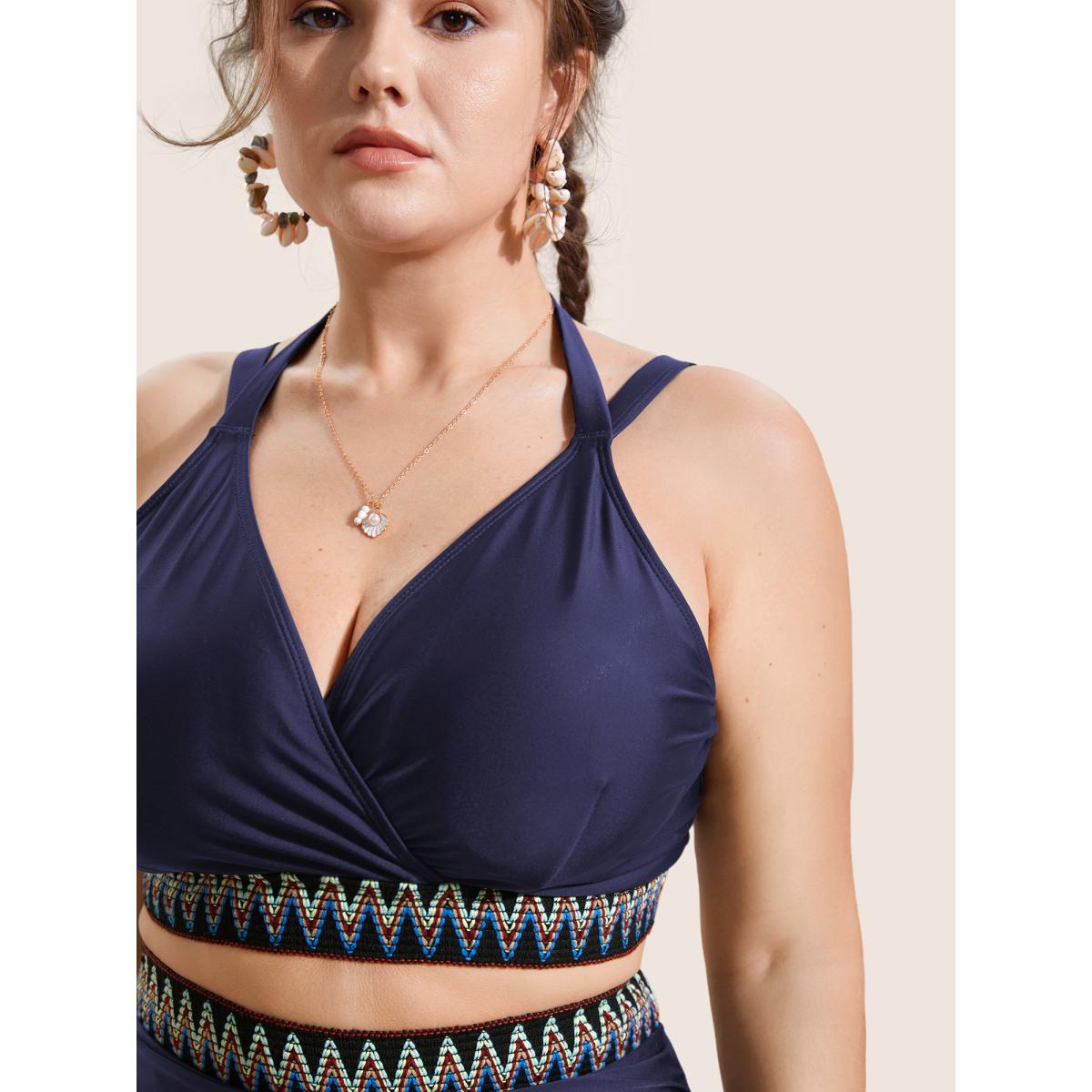 Plus Size Embroidered Wrap Tie Knot Swim Top Women's Swimwear Indigo Beach Woven ribbon&lace trim High stretch Skinny Overlap Collar Curve Swim Tops BloomChic 12/L Product Image