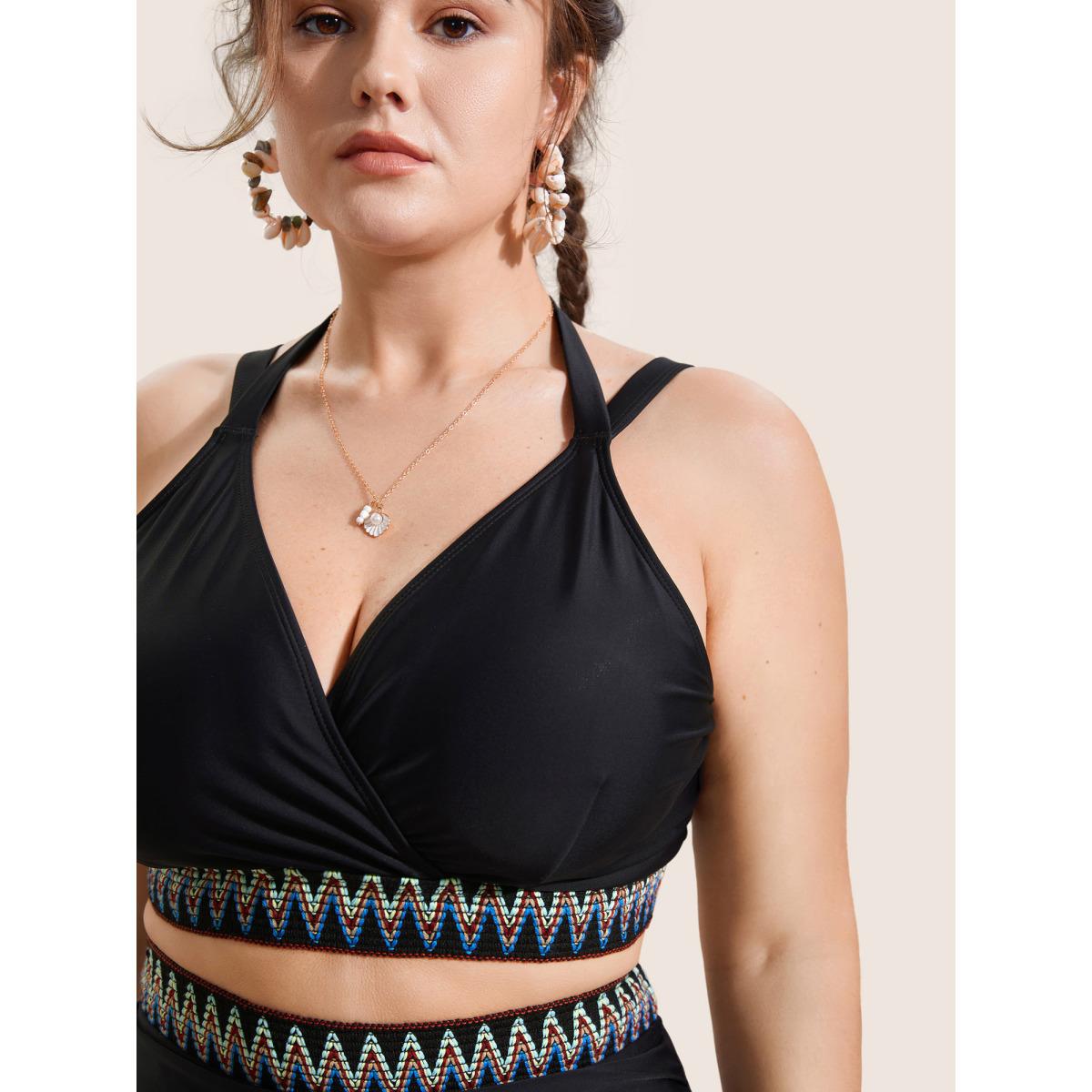 Plus Size Embroidered Wrap Tie Knot Swim Top Women's Swimwear Black Beach Woven ribbon&lace trim High stretch Skinny Overlap Collar Curve Swim Tops BloomChic 14-16/1X Product Image