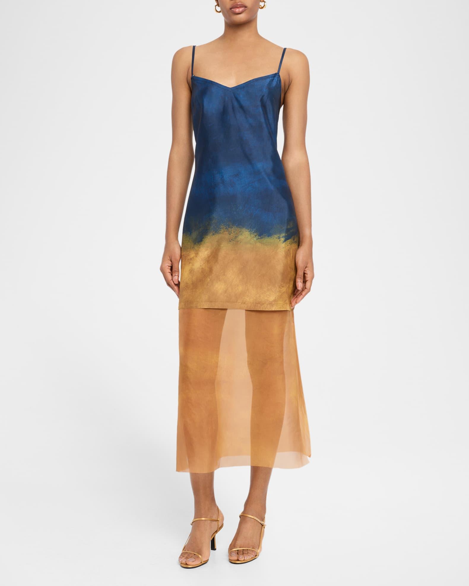 Painted Stripe Organza-Layered Midi Slip Dress Product Image
