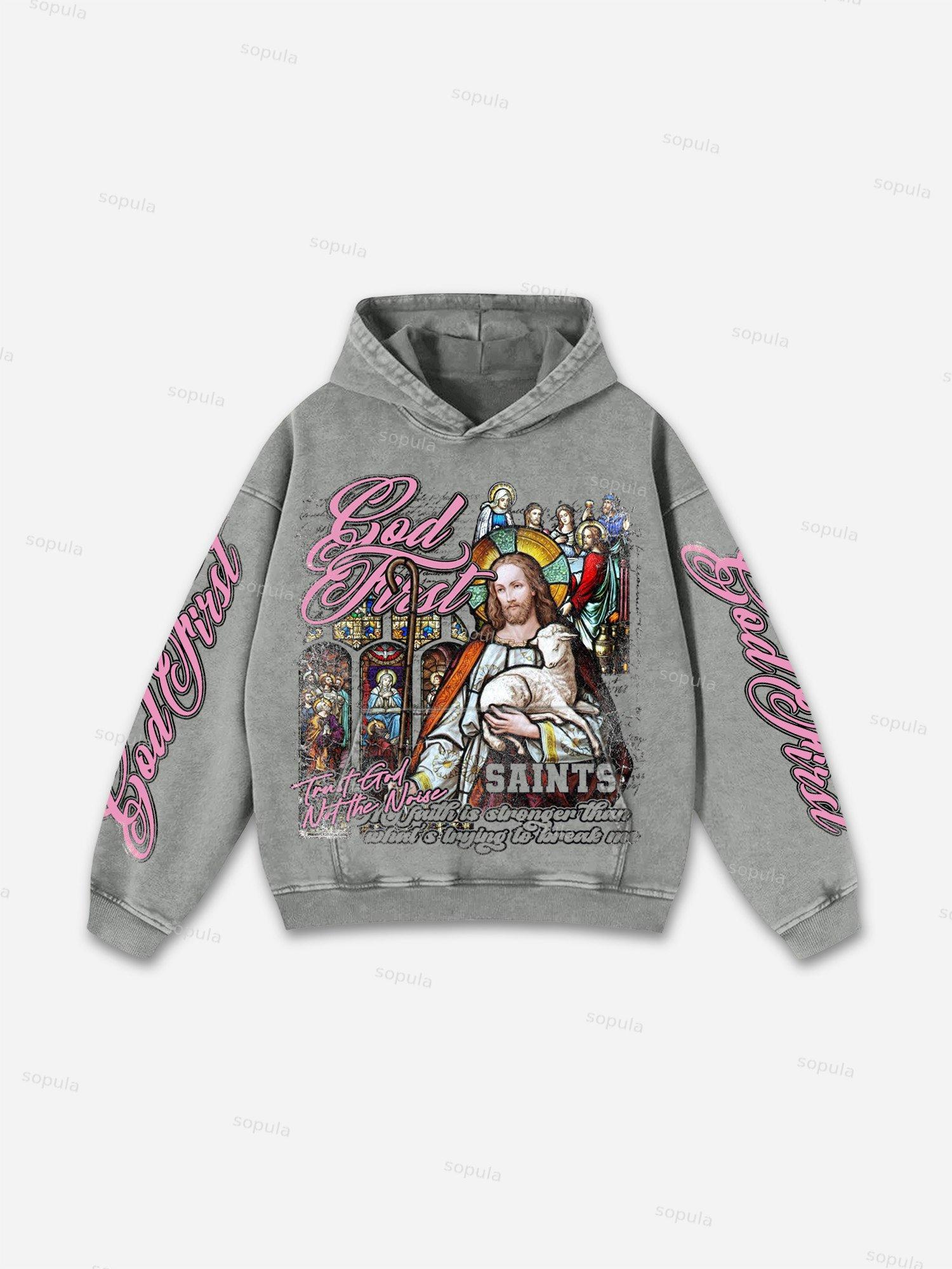 God First Jesus Window Flower Aged Vintage Graphic Acid Wash Hoodie Product Image