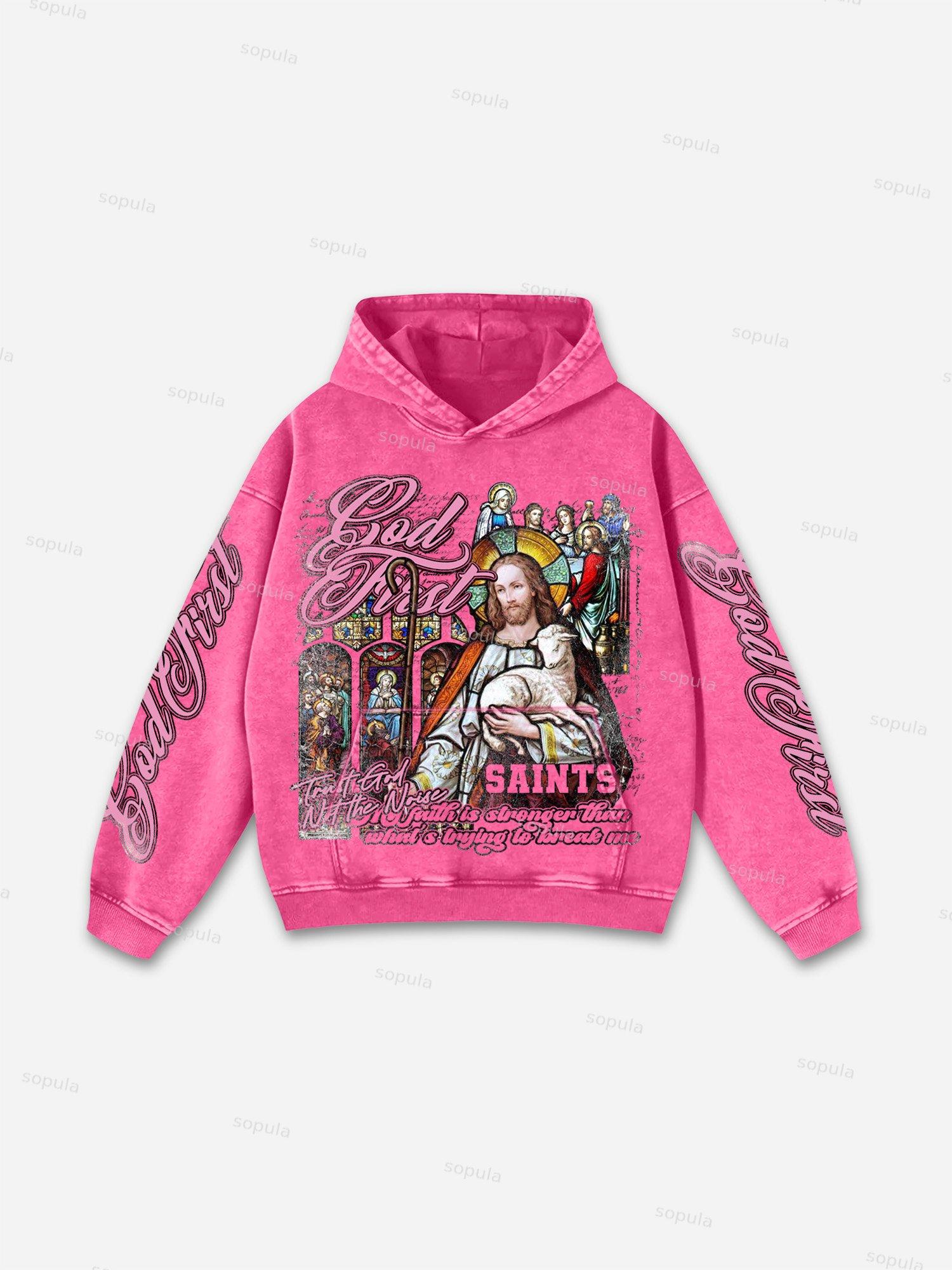 God First Jesus Window Flower Aged Vintage Graphic Acid Wash Hoodie Product Image