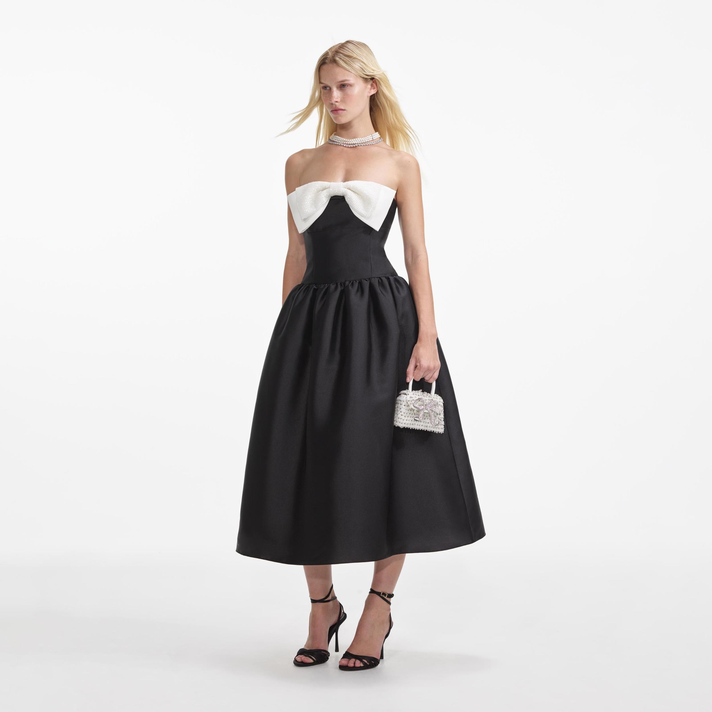 Black Taffeta Contrast Bow Midi Dress Product Image
