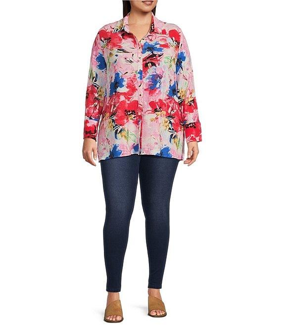 Calessa Plus Size Antique Floral Print Textured Crinkle Point Collar Long Sleeve Button Front Tunic Product Image