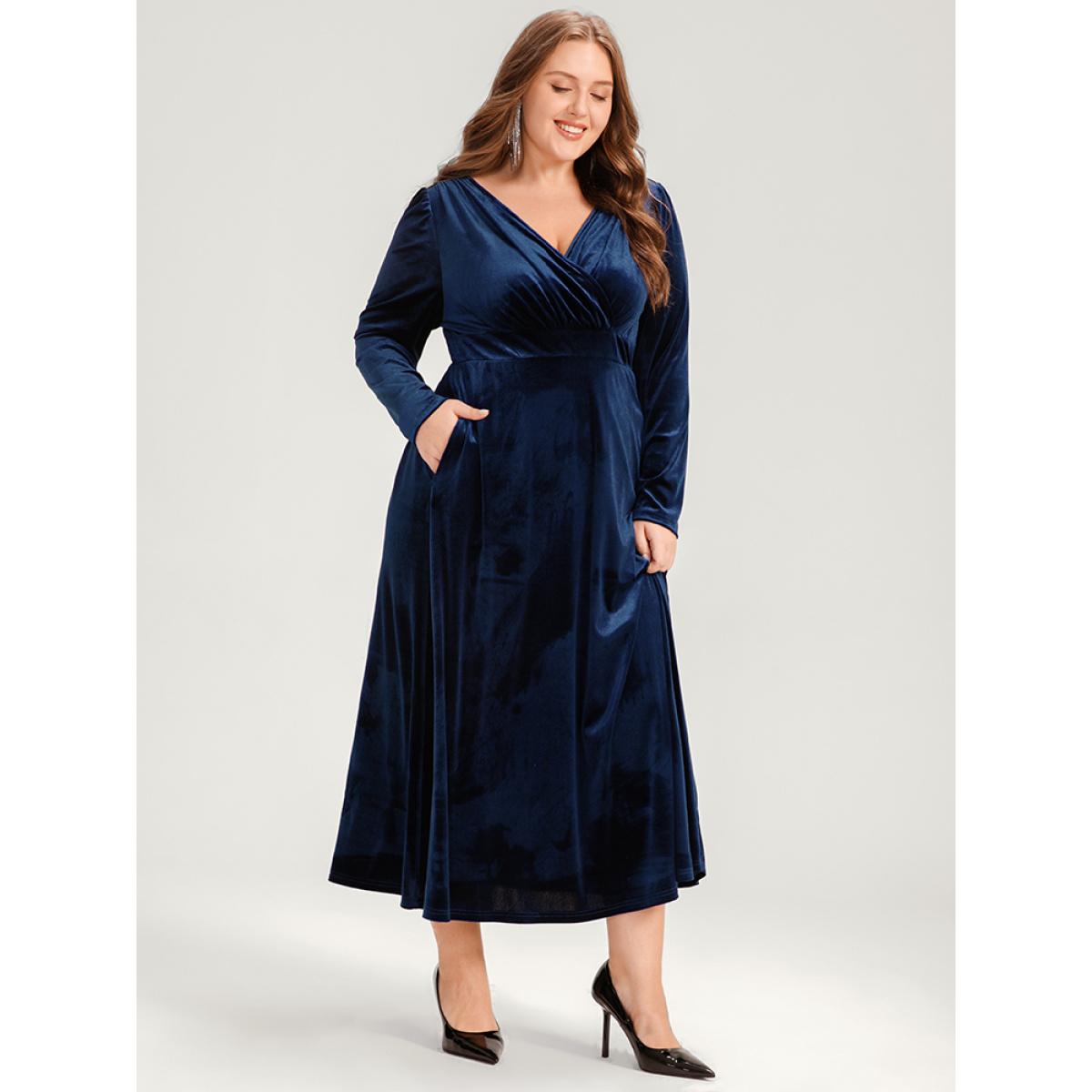 Plus Size Solid Pocket Surplice Neck Velvet Maxi Dress DarkBlue Women Party Pocket V-neck Long Sleeve Curvy Long Dress BloomChic 26/4X Product Image