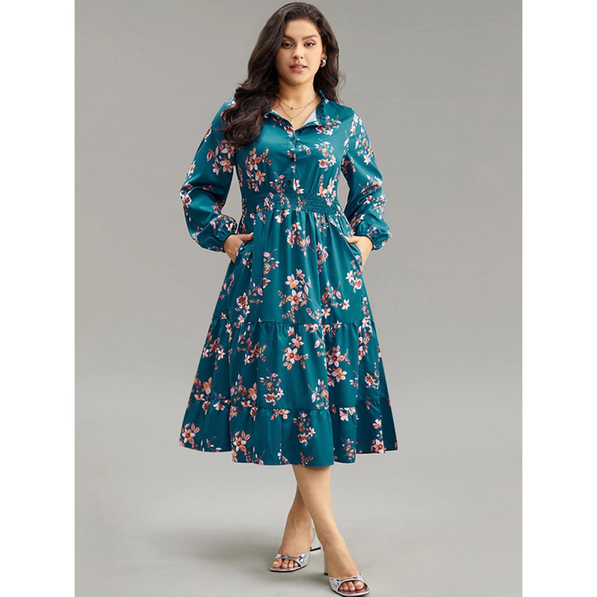 Plus Size Floral Shirred Button Up Frill Trim Dress Aegean Women At the Office Elastic cuffs Stand-up collar Long Sleeve Curvy Midi Dress BloomChic 30/6X Product Image