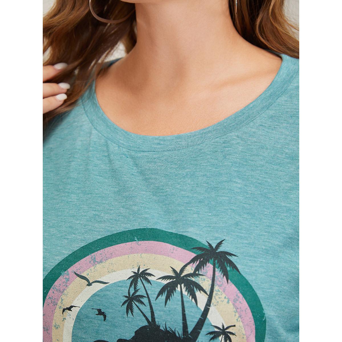 Plus Size Rainbow & Letter Print Short Sleeve T-shirt Cerulean Women Casual Tropical Dailywear T-shirts BloomChic 18-20/2X Product Image