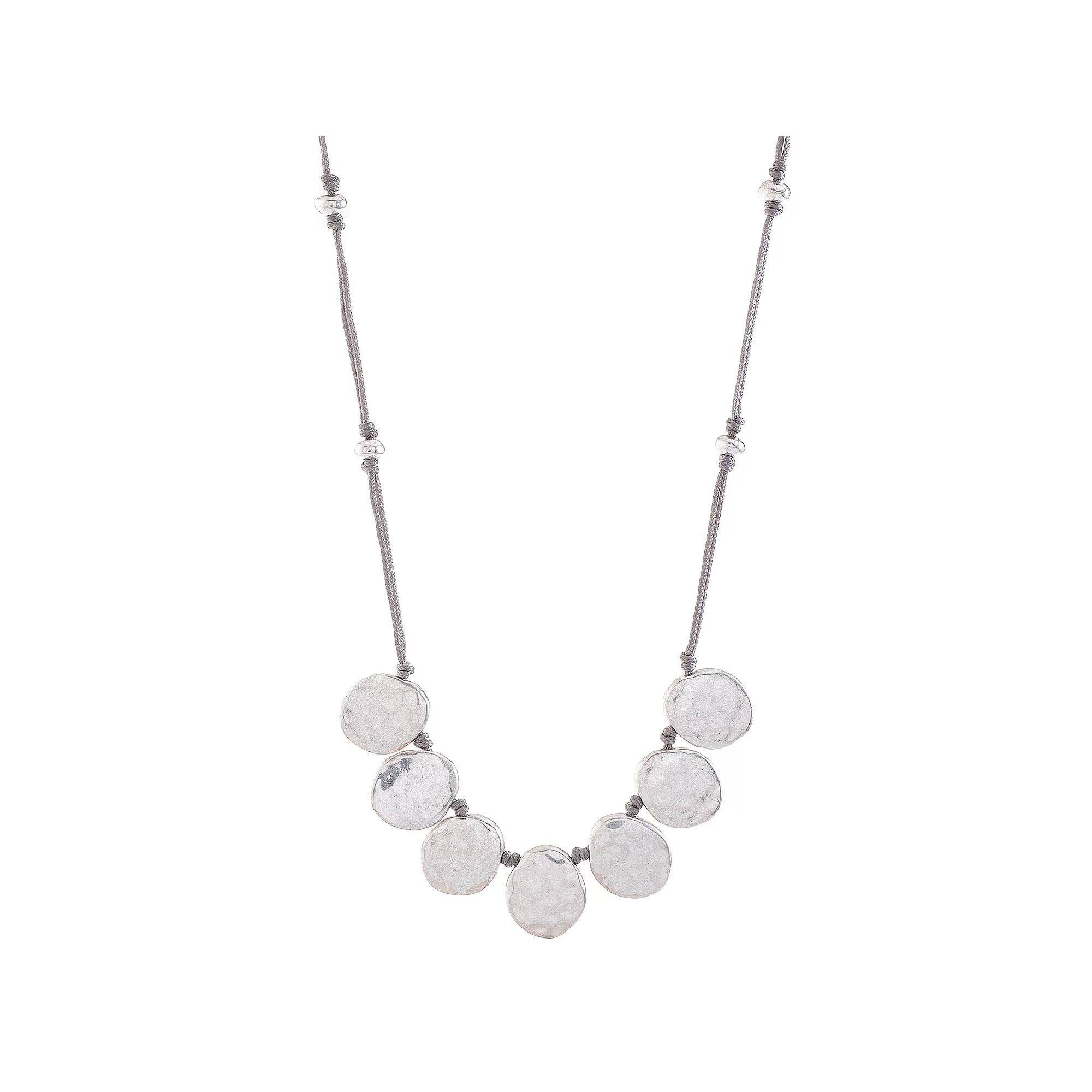 Bella Uno Worn Silver Metal Disc Corded Frontal Necklace, Women's, Size: 18+3", Silver Tone Product Image