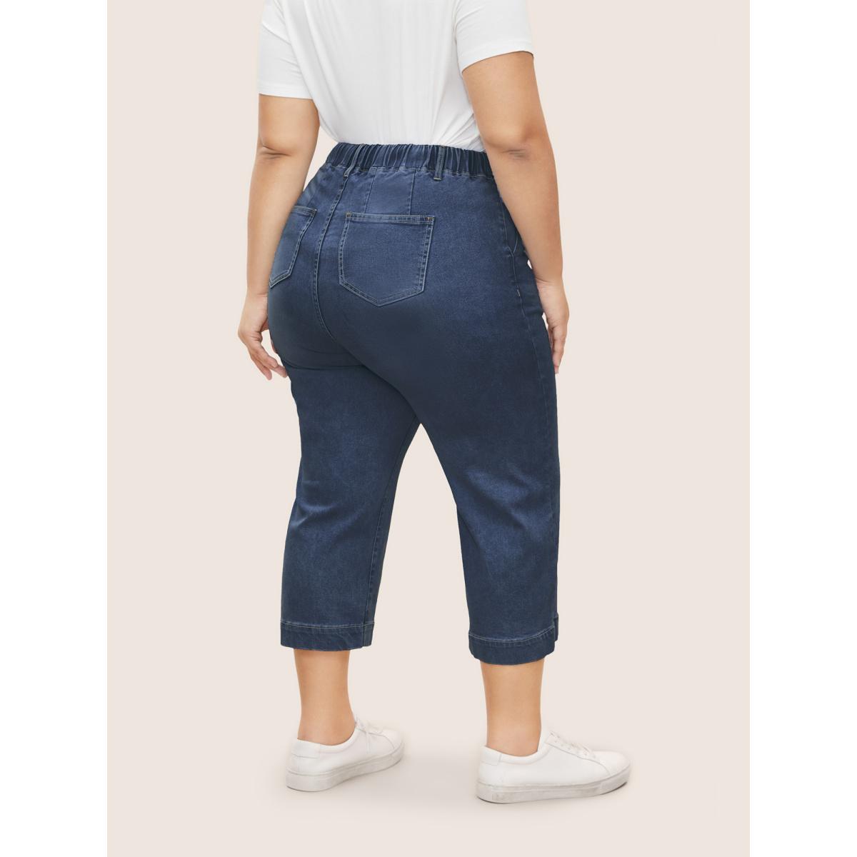 Plus Size Light Wash Drawstring Straight Leg Jeans Women Denimindigo Casual Drawstring High stretch Slanted pocket Jeans BloomChic 30/6X Product Image