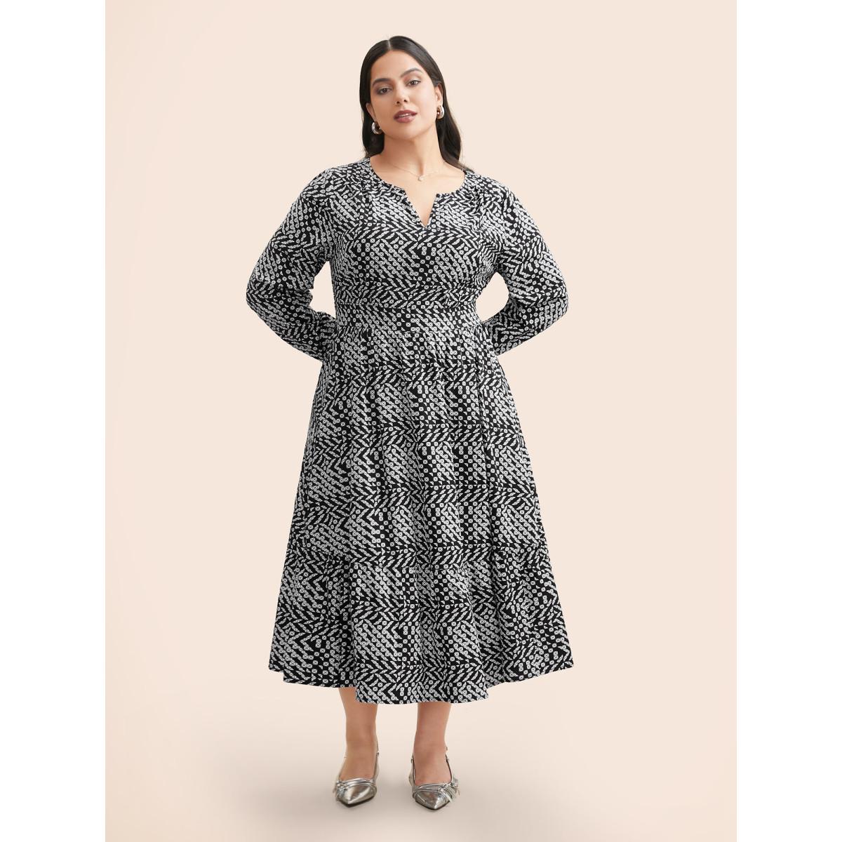 Plus Size Geometric Notched Lantern Sleeve Midi Dress BlackFlower Women At the Office Shirred Flat collar with V-notch Long Sleeve Curvy BloomChic 30/6X Product Image
